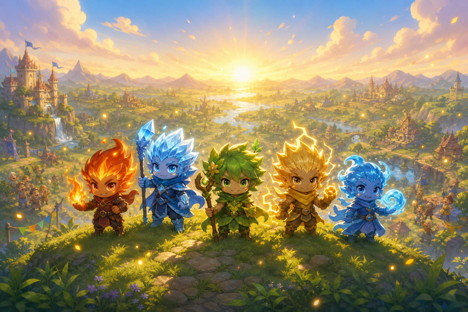 Elemental heroes celebrating at dawn